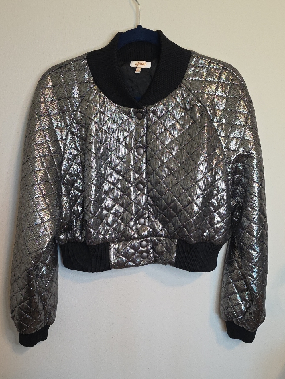 Apparis Silver Quilted Bomber Jacket with Black Trim